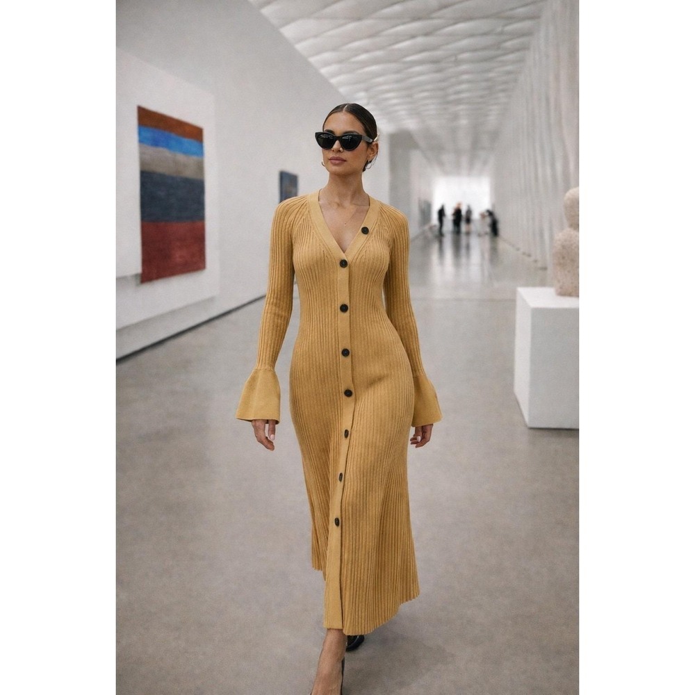 Proenza Schouler Mustard Ribbed Button-Front Maxi Dress